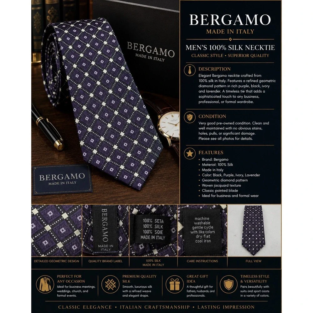 Bergamo Men's 100% Silk Necktie Black Purple Geometric Diamond Made in Italy